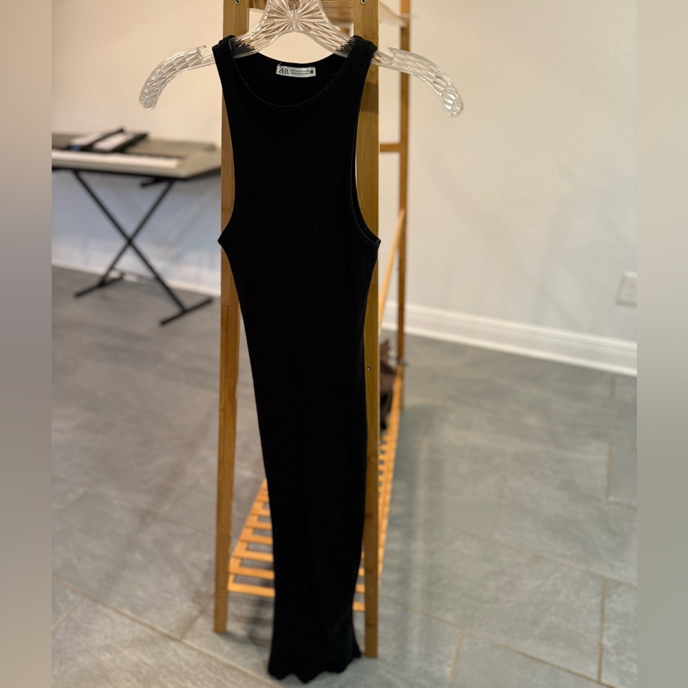 Zara Black Ribbed Midi Dress, Size S